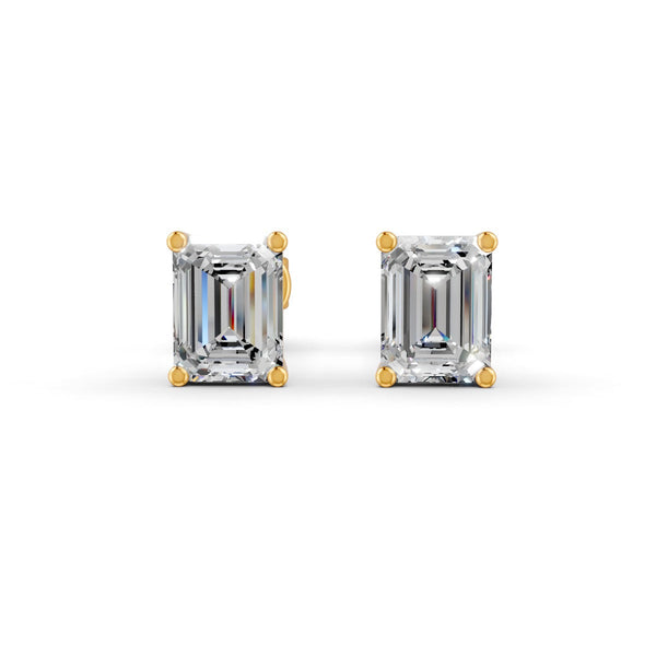 Emerald Cut Real Moissanite 4 Prong Solitaire Stud Earrings Screw Back 14K Gold Plated