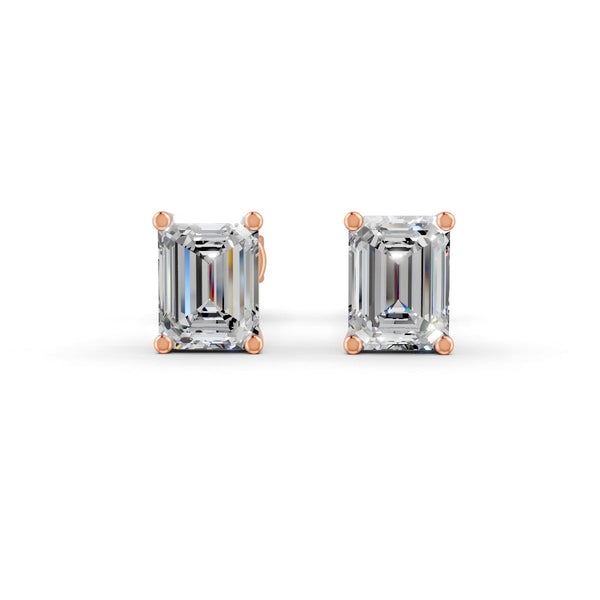 Emerald Cut Real Moissanite 4 Prong Solitaire Stud Earrings Screw Back 14K Gold Plated