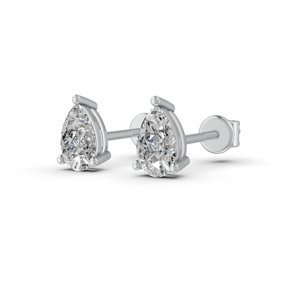 Pear Cut Real Moissanite 3 Prong Solitaire Stud Earrings Screw Back 14K Gold Plated