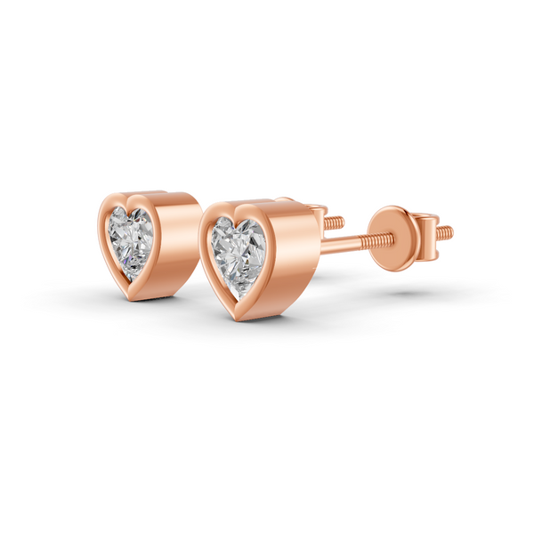 Heart Cut Real Moissanite Bezel Set Solitaire Stud Earrings Screw Back 14K Gold Plated