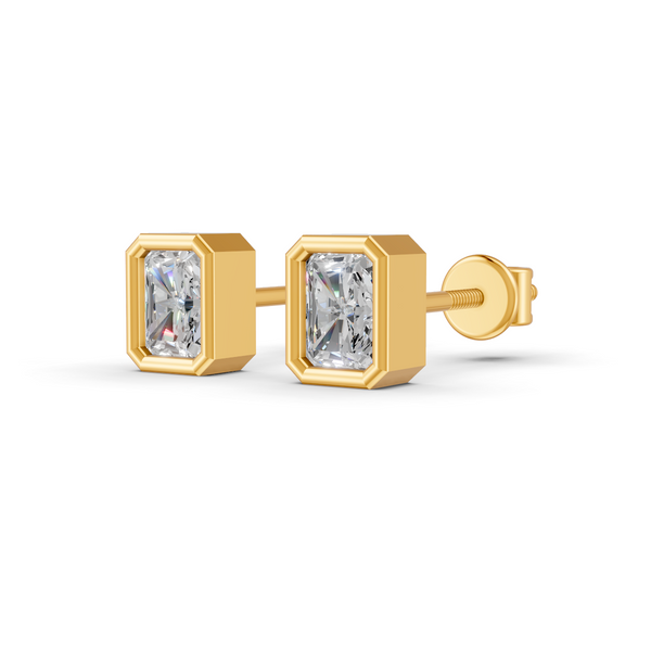 Radiant Cut Real Moissanite Bezel Set Solitaire Stud Earrings Screw Back 14K Gold Plated