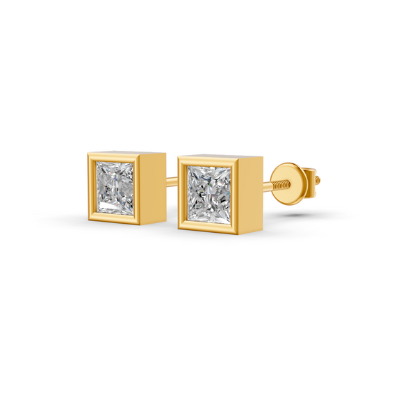 Princess Cut Real Moissanite Bezel Set Solitaire Stud Earrings Screw Back 14K Gold Plated