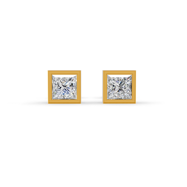 Princess Cut Real Moissanite Bezel Set Solitaire Stud Earrings Screw Back 14K Gold Plated