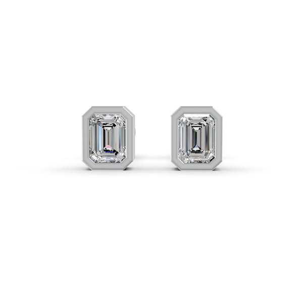 Emerald Cut Real Moissanite Bezel Set Solitaire Stud Earrings Screw Back 14K Gold Plated