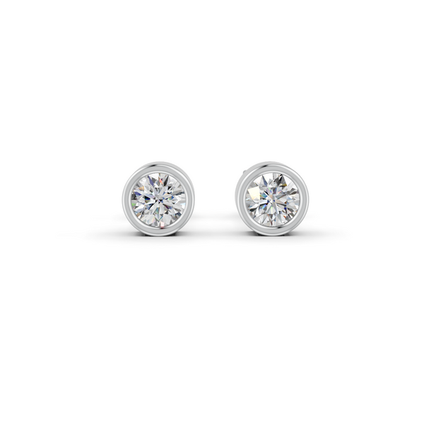 Round Cut Real Moissanite Bezel Set Solitaire Stud Earrings Screw Back 14K Gold Plated
