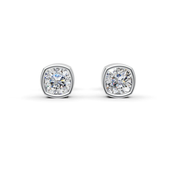 Cushion Cut Real Moissanite Bezel Set Solitaire Stud Earrings Screw Back 14K Gold Plated