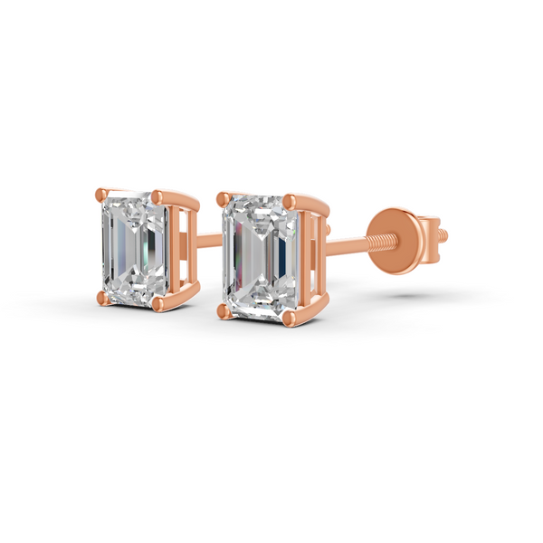 Emerald Cut Real Moissanite 4 Prong Solitaire Stud Earrings Screw Back 14K Gold Plated