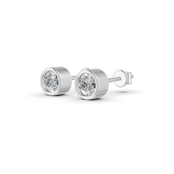 Round Cut Real Moissanite Bezel Set Solitaire Stud Earrings Screw Back 14K Gold Plated