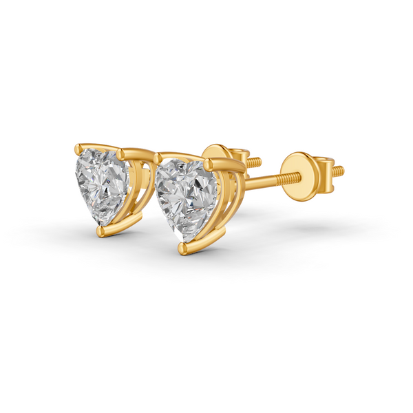 Heart Cut Real Moissanite 3 Prong Solitaire Stud Earrings Screw Back 14K Gold Plated