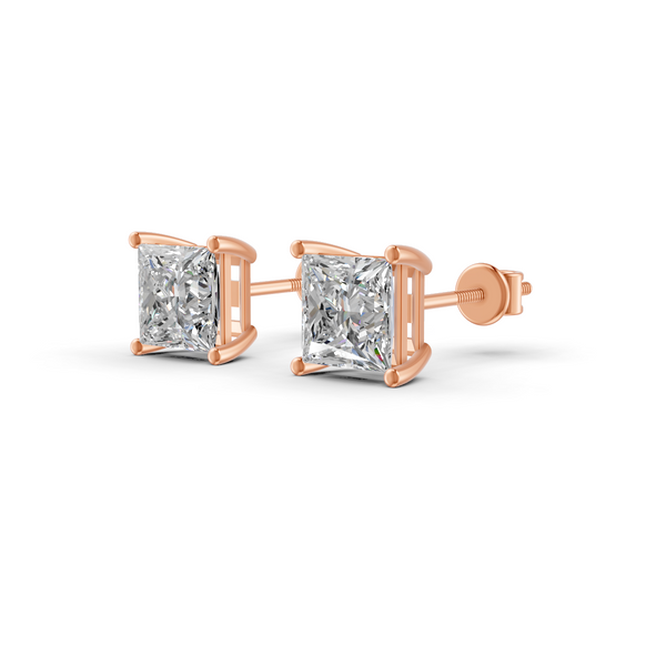 Princess Cut Real Moissanite 4 Prong Solitaire Stud Earrings Screw Back 14K Gold Plated