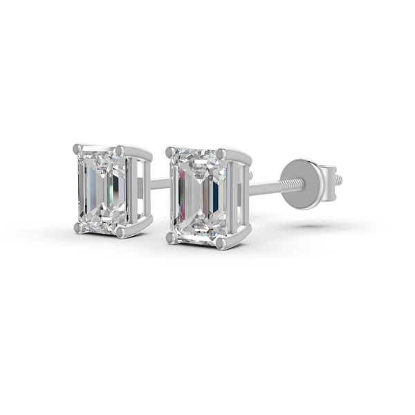 Emerald Cut Real Moissanite 4 Prong Solitaire Stud Earrings Screw Back 14K Gold Plated