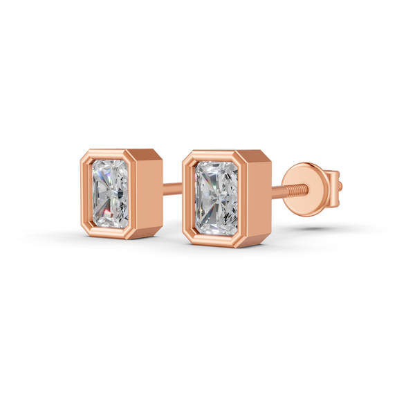 Radiant Cut Real Moissanite Bezel Set Solitaire Stud Earrings Screw Back 14K Gold Plated