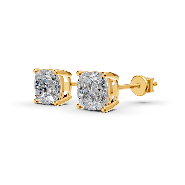 Cushion Cut Real Moissanite 4 Prong Solitaire Stud Earrings Screw Back 14K Gold Plated